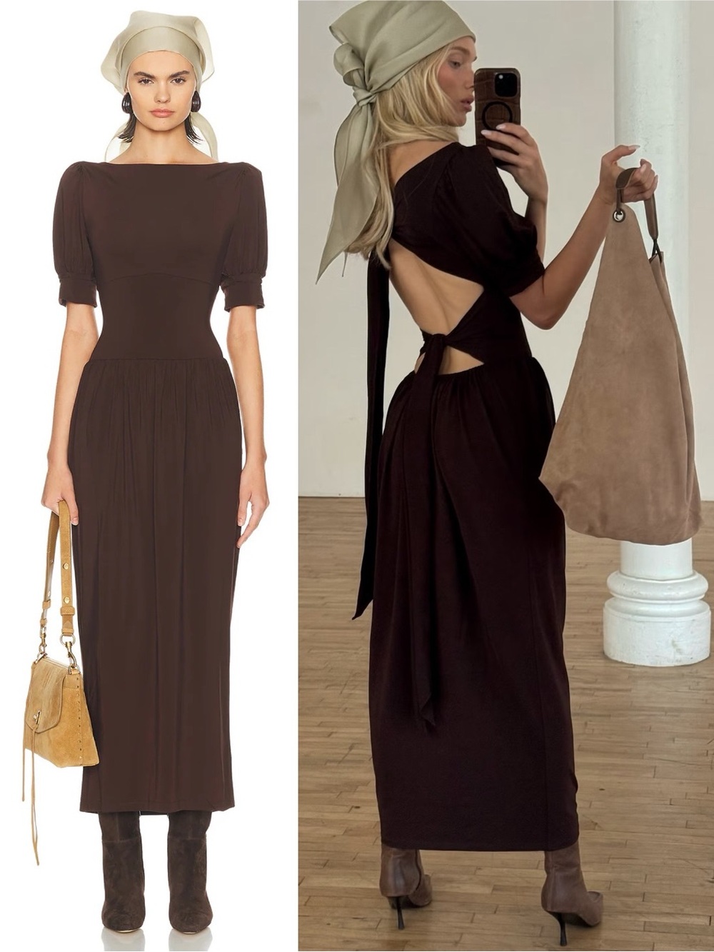 HELSA Simone Tie Back Jersey Midi Dress Coffee Bean Brown NEW with tags